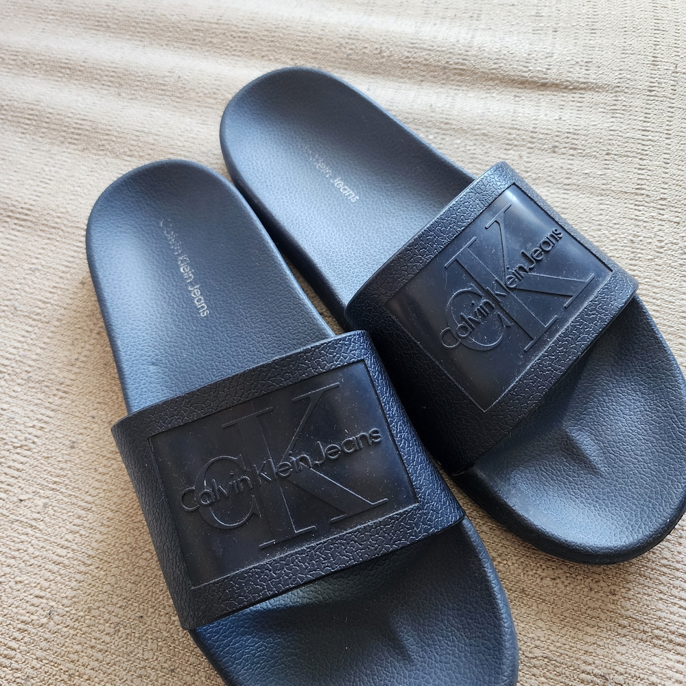 Calvin Klein Black Slide Sandals with Textured Logo